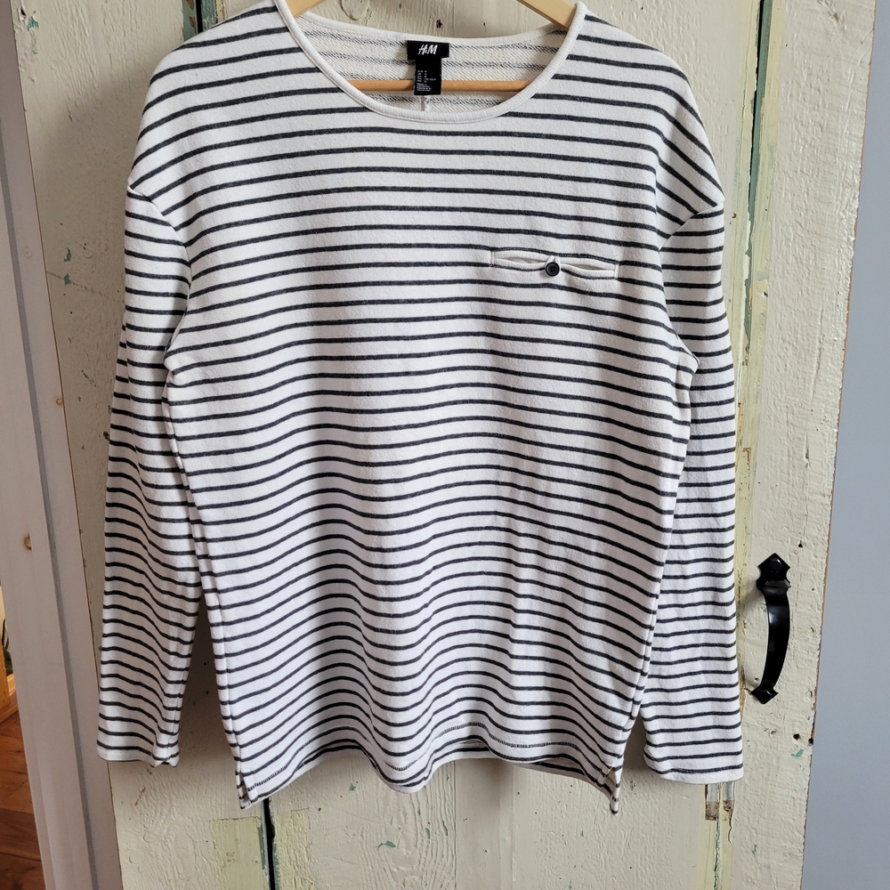 H&M Black and White Striped Cotton Blend Crewneck Knit Top